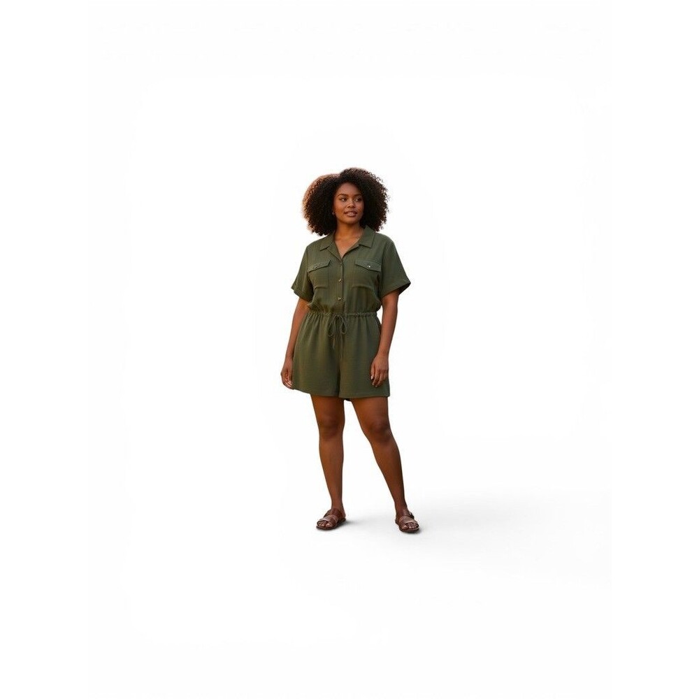 Nemidor plus-size army green short sleeve romper with a turndown collar NWTS